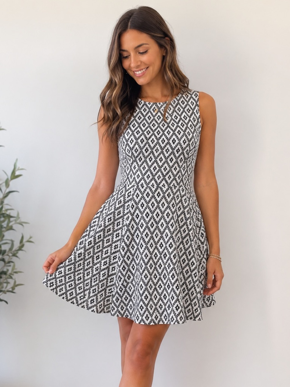 Maison Jules Black White Geometric Fit & Flare Skater Dress Size S